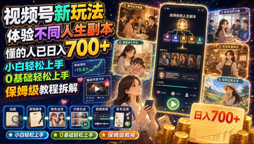 视频号新玩法体验不同人生副本，懂的人已日入700+，小白轻松上手，0基础轻松上手，保姆级教程拆解-知享资源网