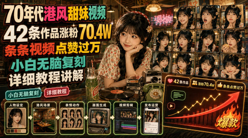 70年代港风甜妹视频，42条作品涨粉70.4W，条条视频点赞过万，小白无脑复刻，详细教程讲解-知享资源网