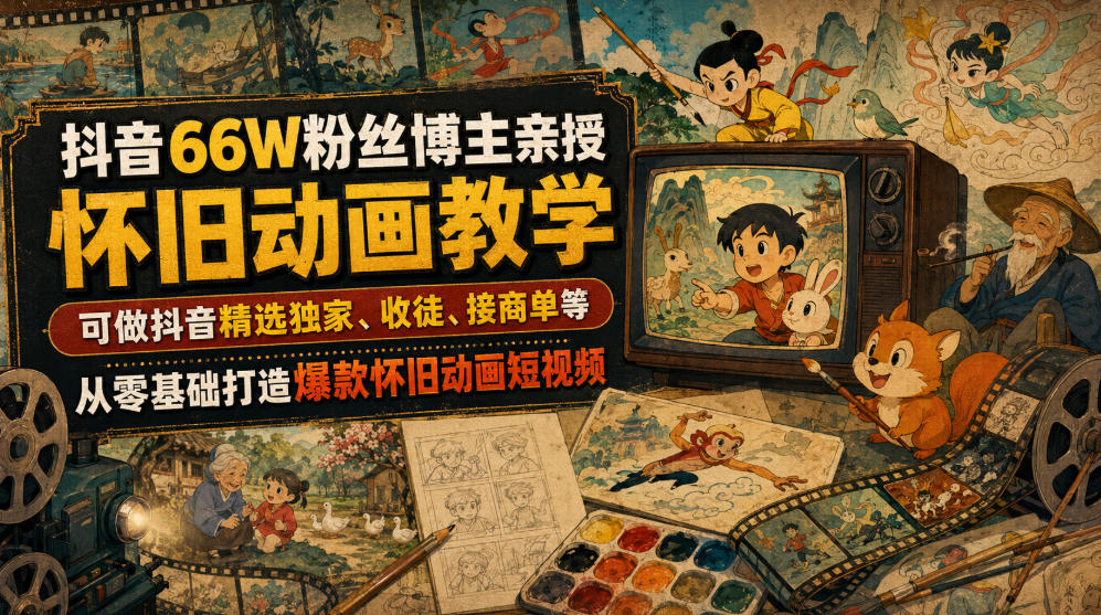 抖音66W粉丝博主亲授怀旧动画教学，可做抖音精选独家、收徒、接商单等，从零基础打造爆款怀旧动画短视频-知享资源网