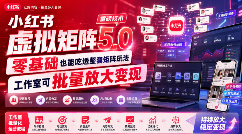 小红书虚拟矩阵5.0重磅技术，零基础也能吃透整套矩阵玩法，工作室可批量放大变现-知享资源网