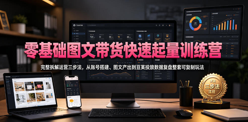 零基础图文带货快速起量训练营，完整拆解运营三步法，从账号搭建、图文产出到豆荚投放数据复盘整套可复制玩法-知享资源网