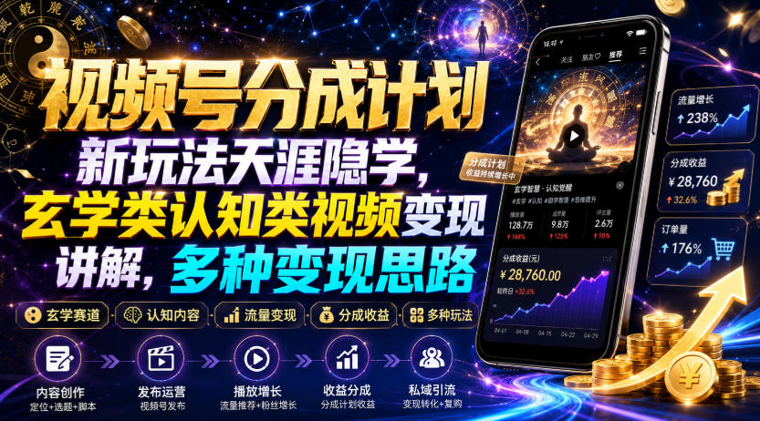 视频号分成计划新玩法天涯隐学，玄学类认知类视频变现讲解，多种变现思路-知享资源网