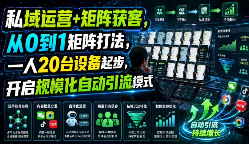 私域运营+矩阵获客，从0到1矩阵打法，一人20台设备起步，开启规模化自动引流模式！-知享资源网