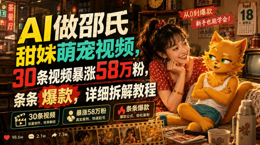 AI做邵氏甜妹萌宠视频，30条视频暴涨58万粉，条条爆款，详细拆解教程-知享资源网