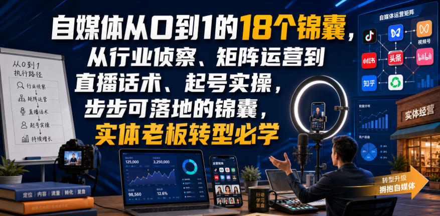 自媒体从0到1的18个锦囊，从行业侦察、矩阵运营到直播话术、起号实操，步步可落地的锦囊，实体老板转型必学-知享资源网