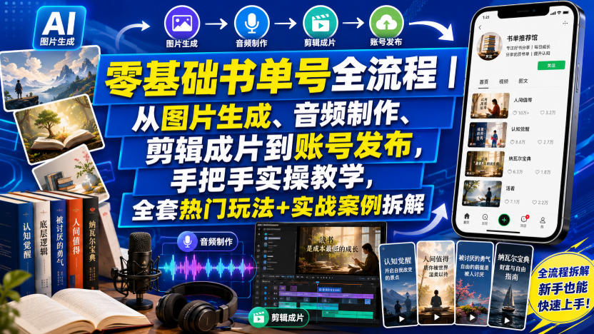 零基础书单号全流程｜从图片生成、音频制作、剪辑成片到账号发布，手把手实操教学，全套热门玩法+实战案例拆解-知享资源网