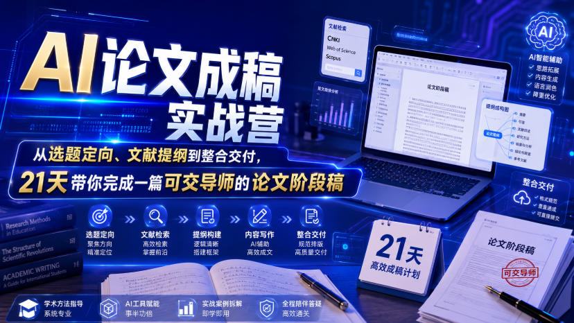 AI论文成稿实战营，从选题定向、文献提纲到整合交付，21天带你完成一篇可交导师的论文阶段稿-知享资源网