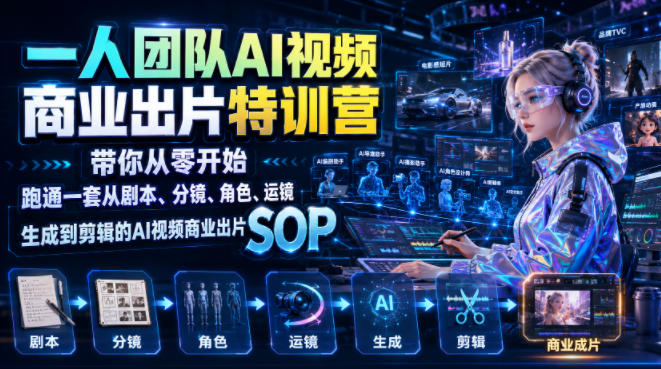 一人团队AI视频商业出片实战课：带你从零开始跑通一套从剧本、分镜、角色、运镜、生成到剪辑的AI视频商业出片SOP-知享资源网