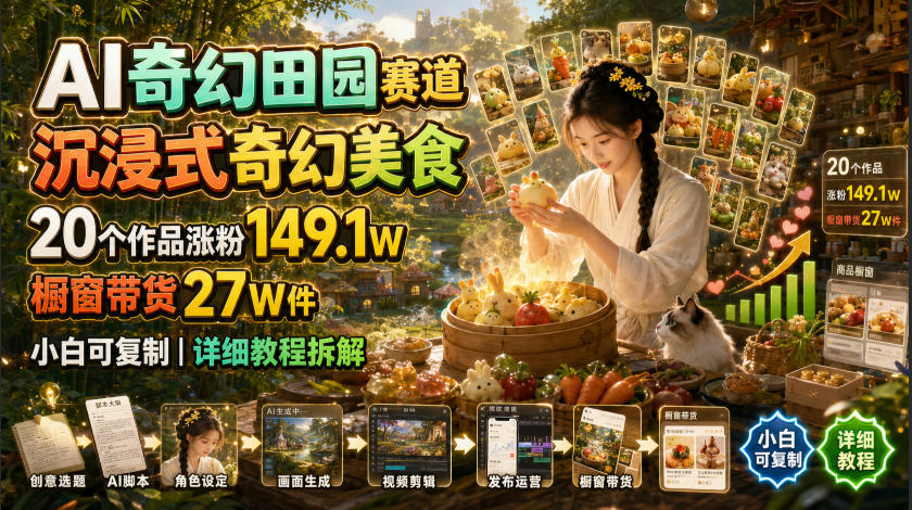 AI奇幻田园赛道，沉浸式奇幻美食，20个作品涨粉149.1W，橱窗带货27W件，小白可复制，详细教程拆解-知享资源网