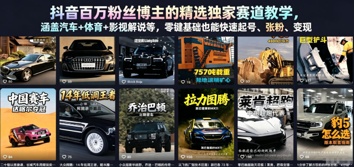抖音百万粉丝博主的精选独家赛道教学，涵盖汽车+体育+影视解说等，零基础也能快速起号、涨粉、变现（更新0701）-知享资源网