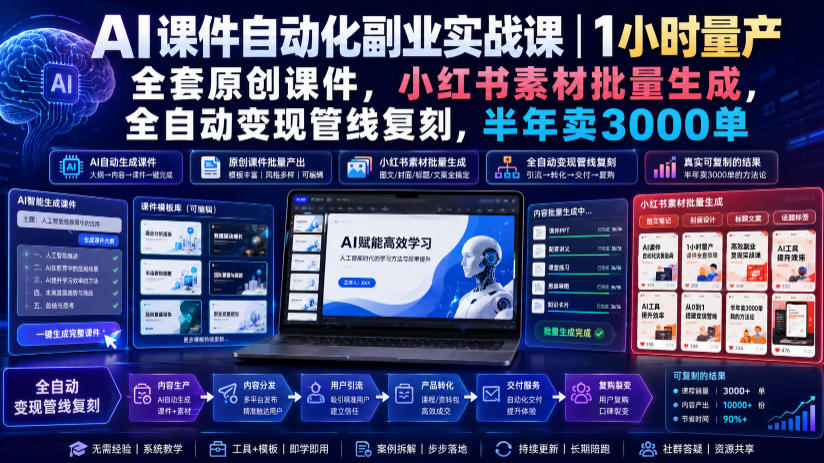 AI课件自动化副业实战课｜1小时量产全套原创课件，小红书素材批量生成，全自动变现管线复刻，半年卖3000单-知享资源网
