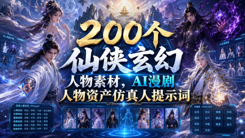 200个仙侠玄幻人物素材，AI漫剧人物资产仿真人提示词-知享资源网