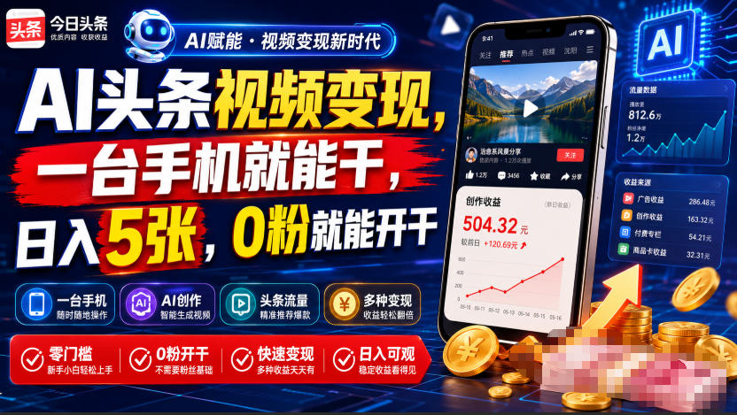 AI头条视频变现，一台手机就能干，日入5张，0粉就能开干-知享资源网