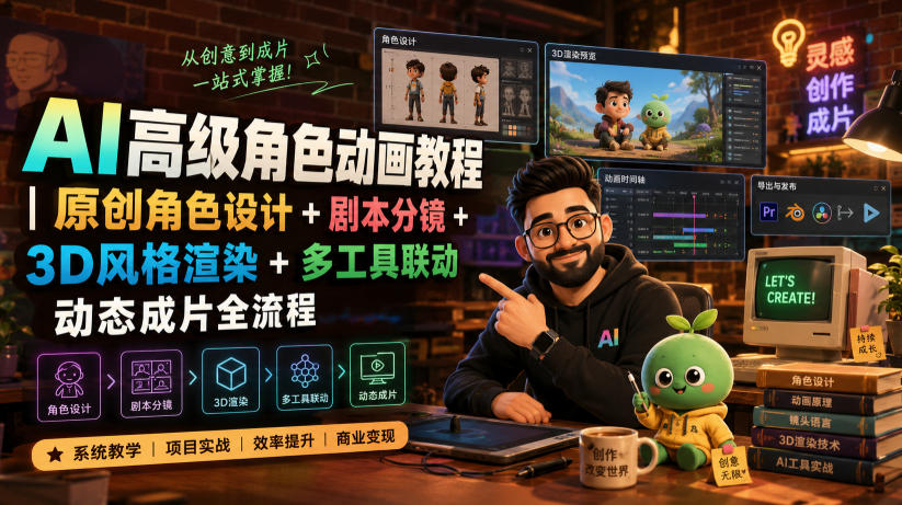 AI高级角色动画教程｜原创角色设计+剧本分镜+3D风格渲染+多工具联动动态成片全流程【中英字幕】-知享资源网