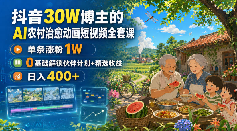 抖音30W博主的AI农村治愈动画短视频全套课|单条涨粉1W,0基础解锁伙伴计划+精选收益,日入400+-知享资源网