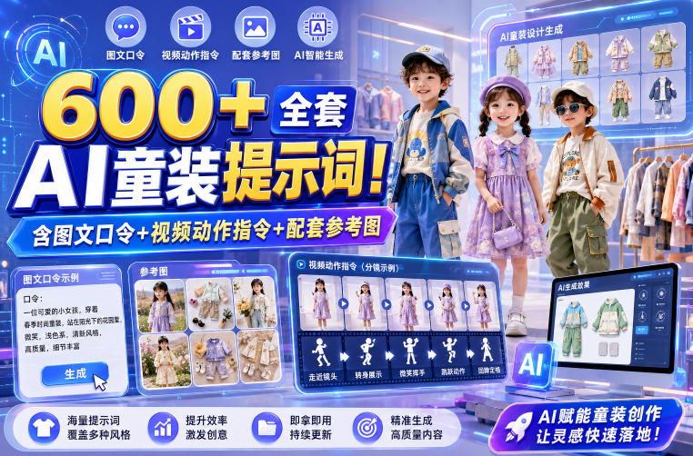 600+全套AI童装提示词！含图文口令+视频动作指令+配套参考图，Word-Excel规整分类，童装电商、种草无脑量产内容！-知享资源网