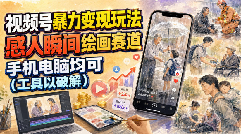 视频号暴力变现玩法，感人瞬间绘画赛道，手机电脑均可-知享资源网