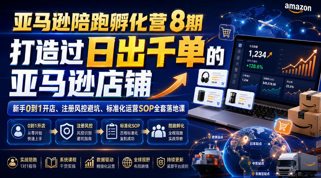亚马逊陪跑孵化营8期，打造过日出千单的亚马逊店铺，新手0到1开店、注册风控避坑、标准化运营SOP全套落地课-知享资源网