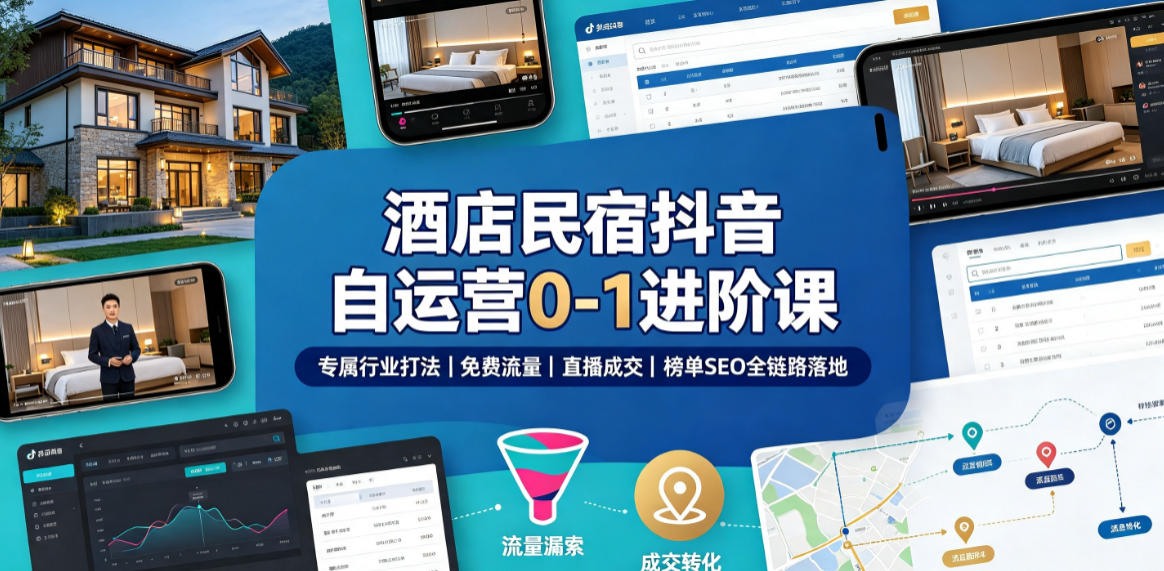 酒店民宿抖音自运营0-1进阶课｜专属行业打法、免费流量+直播成交+榜单SEO全链路落地-知享资源网