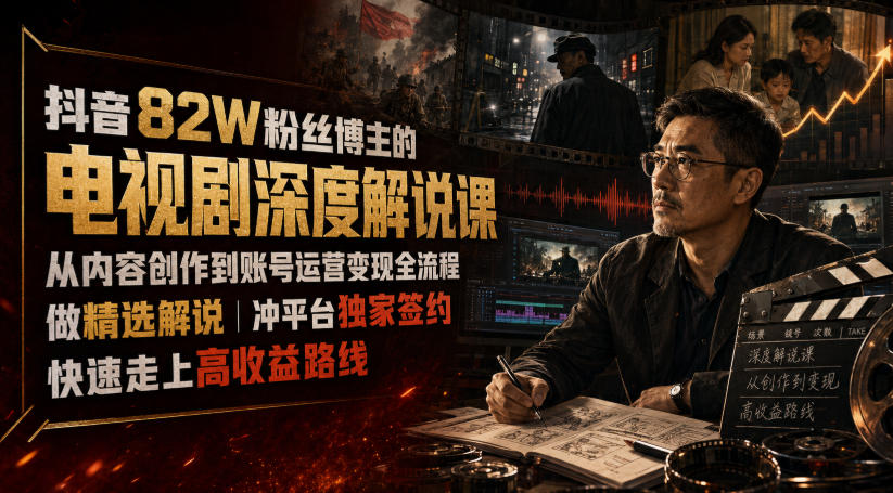 抖音82W粉丝博主的电视剧深度解说课，从内容创作到账号运营变现全流程，做精选解说，冲平台独家签约，快速走上高收益路线-知享资源网
