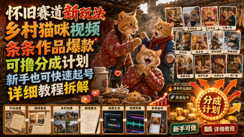 怀旧赛道新玩法，乡村猫咪视频，条条作品爆款，可撸分成计划，新手也可快速起号，详细教程拆解-知享资源网
