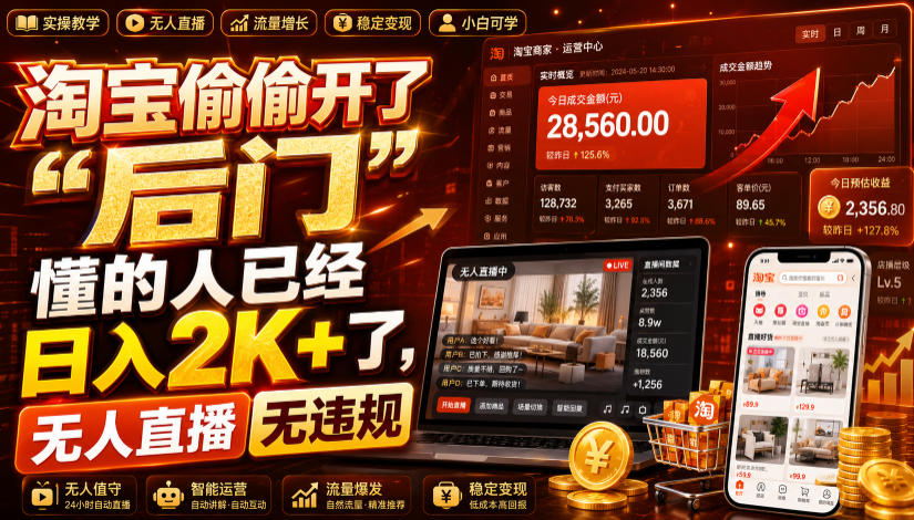 淘宝偷偷开了“后门”，懂的人已经日入2K+了，无人直播无违规，一台电脑=一家24小时营业的线上门店【揭秘】-知享资源网