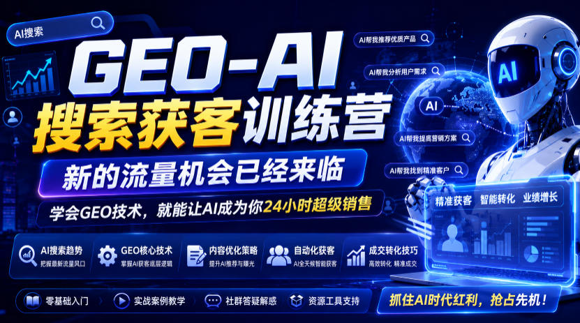 GEO-AI搜索获客训练营，新的流量机会已经来临，学会GEO技术，就能让AI成为你24小时超级销售-知享资源网
