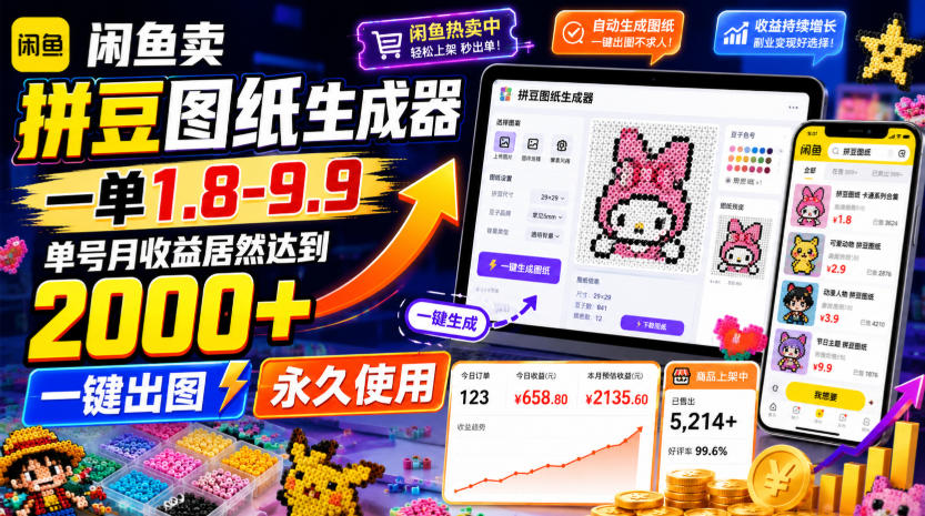 闲鱼卖拼豆图纸生成器，一单1.8-9.9，单号月收益居然达到2000+一键出图永久使用-知享资源网