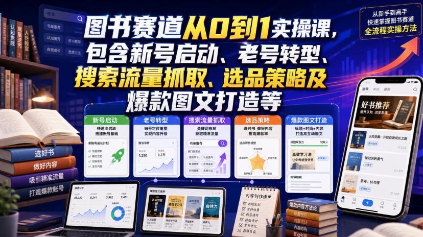 图书赛道从0到1实操课，包含新号启动、老号转型、搜索流量抓取、选品策略及爆款图文打造等-知享资源网