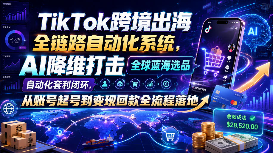 TikTok跨境出海全链路自动化系统,AI降维打击全球蓝海选品自动化套利闭环,从账号起号到变现回款全流程落地(2026年7月)-知享资源网