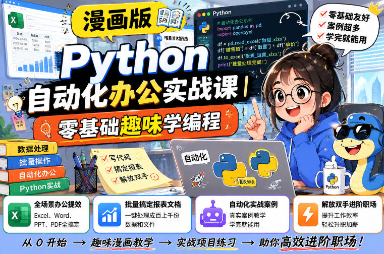 漫画版Python自动化办公实战课｜零基础趣味学编程，全场景办公提效、批量搞定报表文档、解放双手进阶职场-知享资源网
