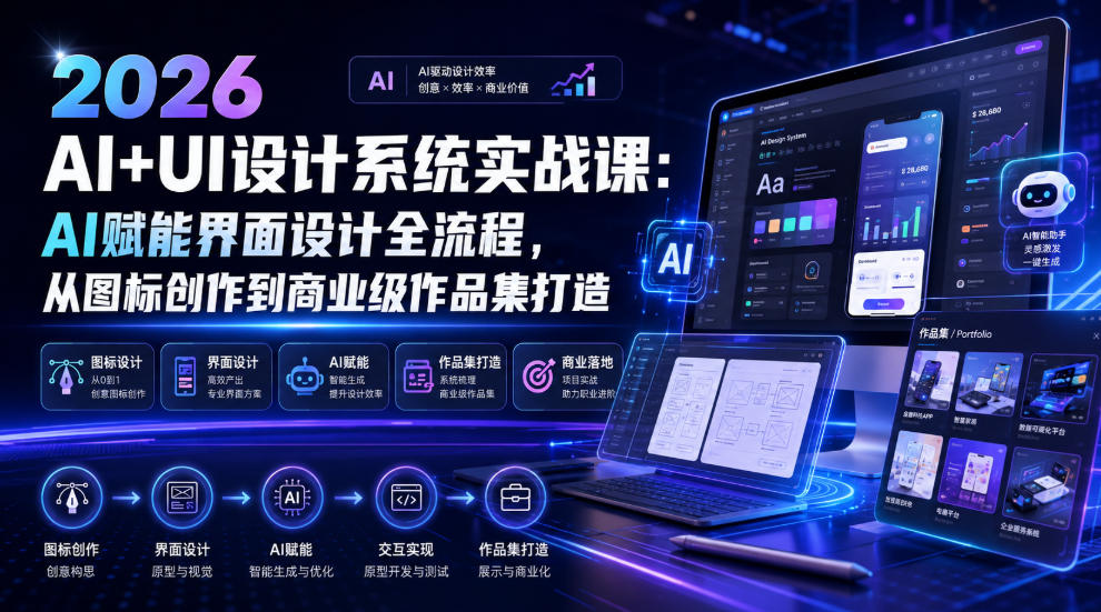 2026 AI+UI设计系统实战课：AI赋能界面设计全流程，从图标创作到商业级作品集打造-知享资源网