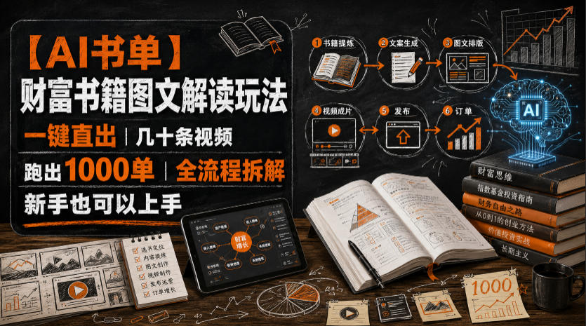 【AI书单】财富书籍图文解读玩法，一键直出，几十条视频，跑出1000单，全流程拆解，新手也可以上手-知享资源网