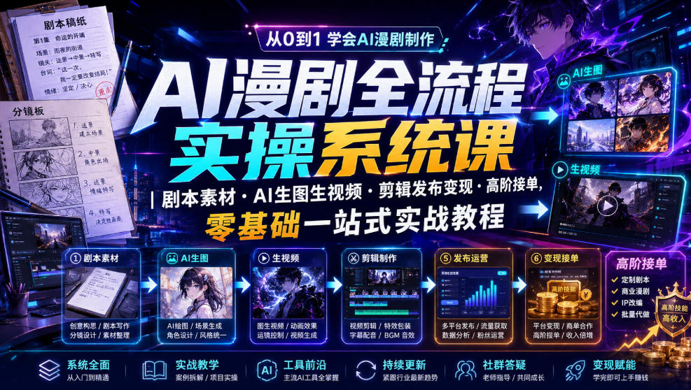AI漫剧全流程实操系统课|剧本素材・AI生图生视频・剪辑发布变现・高阶接单,零基础一站式实战教程-知享资源网
