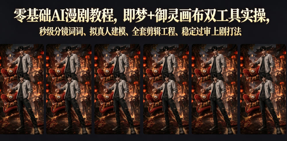 零基础AI漫剧教程，即梦+御灵画布双工具实操，秒级分镜提示词、拟真人建模、全套剪辑工程、稳定过审上剧打法-知享资源网