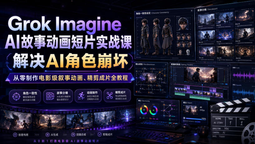 Grok Imagine AI故事动画短片实战课｜解决AI角色崩坏，从零制作电影级叙事动画、精剪成片全教程（中英字幕）-知享资源网
