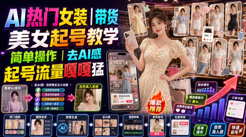 AI热门女装带货丨美女起号教学，简单操作，去AI感，起号流量嘎嘎猛-知享资源网