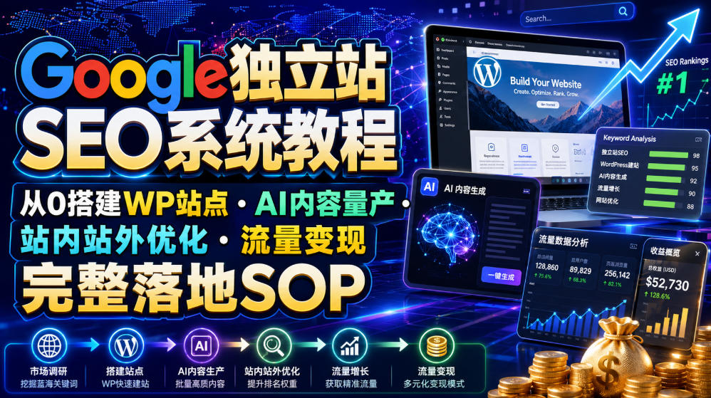 Google独立站SEO系统教程,从0搭建WP站点・AI内容量产・站内站外优化・流量变现完整落地SOP(2026年7月)-知享资源网