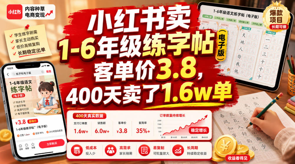小红书卖1-6年级练字帖（电子版），客单价3.8，400天卖了1.6w单-知享资源网