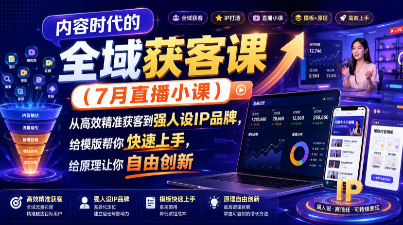 内容时代的全域获客课（7月直播小课），从高效精准获客到强人设IP品牌，给模版帮你快速上手，给原理让你自由创新-知享资源网
