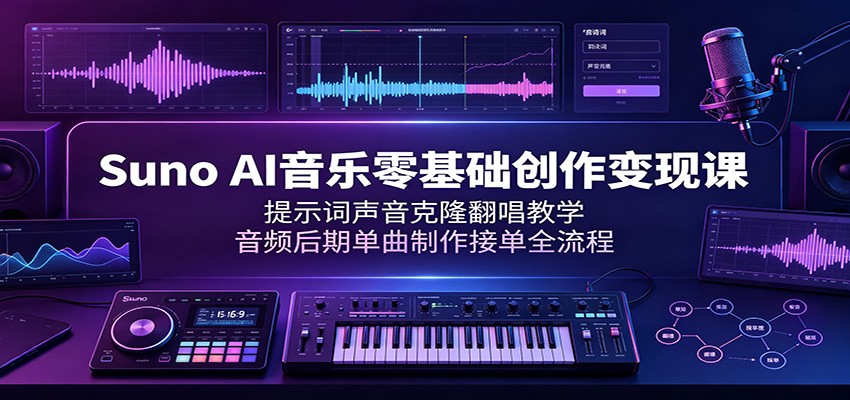 Suno AI音乐零基础创作变现课：提示词声音克隆翻唱教学，音频后期单曲制作接单全流程-知享资源网