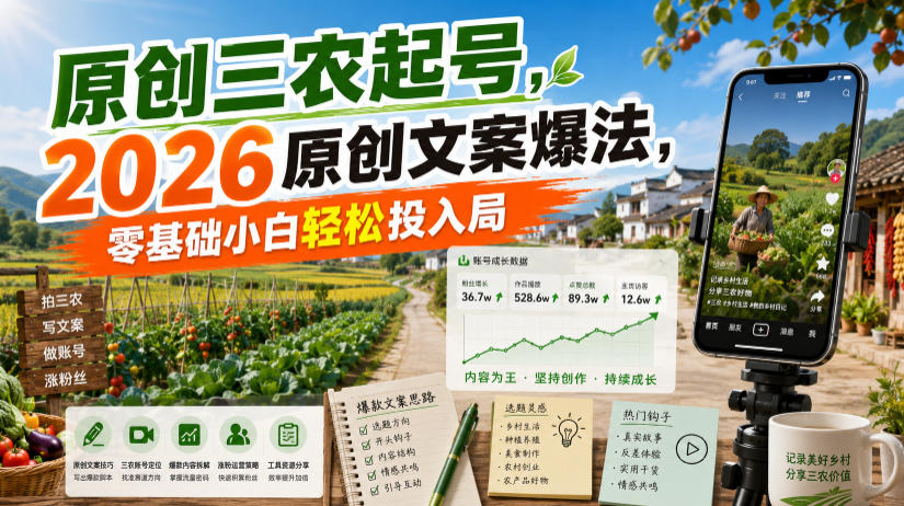 原创三农起号，2026原创文案爆法，零基础小白轻松投入局-知享资源网