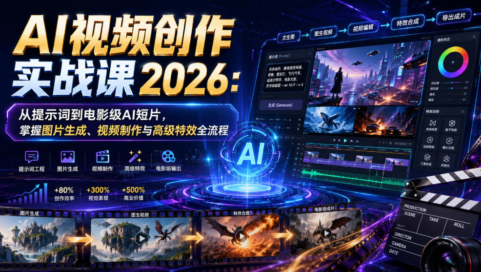 AI视频创作实战课2026：从提示词到电影级AI短片，掌握图片生成、视频制作与高级特效全流程-知享资源网