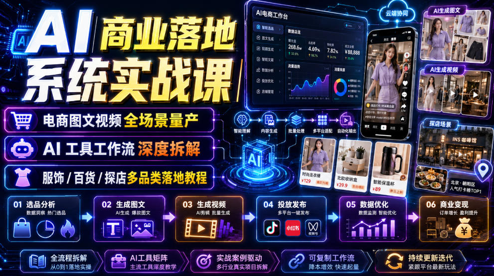 AI商业落地系统实战课｜电商图文视频全场景量产・AI工具工作流深度拆解・服饰/百货/探店多品类落地教程-知享资源网