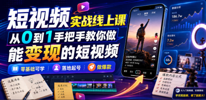短视频实战线上课，从0到1手把手教你做能变现的短视频，零基础可学，落地起号做爆款-知享资源网