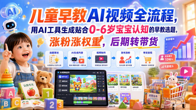 儿童早教AI视频全流程，用AI工具生成贴合0-6岁宝宝认知的早教选题，涨粉涨权重，后期转带货-知享资源网