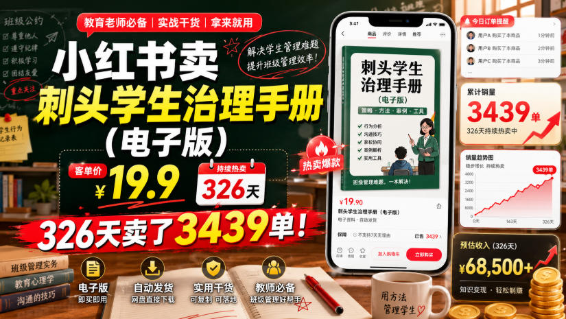 小红书卖刺头学生治理手册（电子版），客单价19.9，326天卖了3439单！-知享资源网