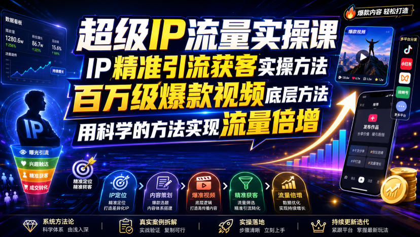 超级IP流量实操课，IP精准引流获客实操方法，百万级爆款视频底层方法，用科学的方法实现流量倍增-知享资源网