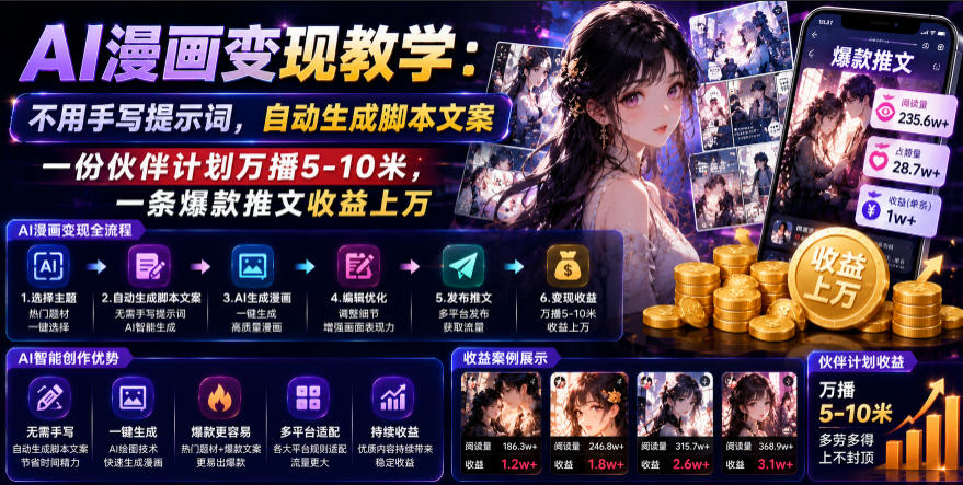 AI漫画变现教学：不用手写提示词，自动生成脚本文案，一份伙伴计划万播5-10米，一条爆款推文收益上W-知享资源网