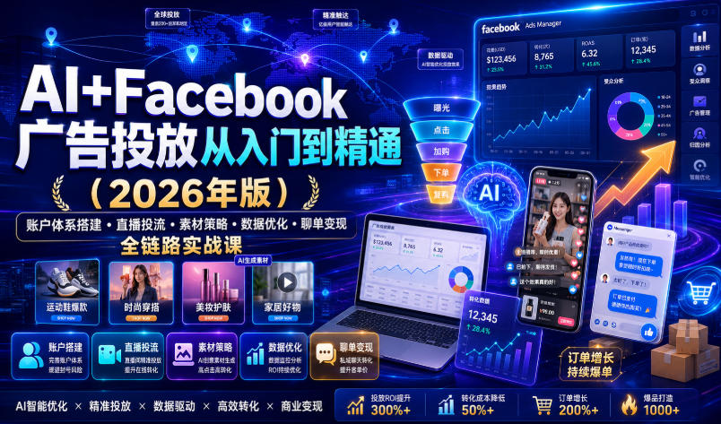 AI+Facebook广告投放从入门到精通（2026年版）｜账户体系搭建・直播投流・素材策略・数据优化・聊单变现全链路实战课-知享资源网